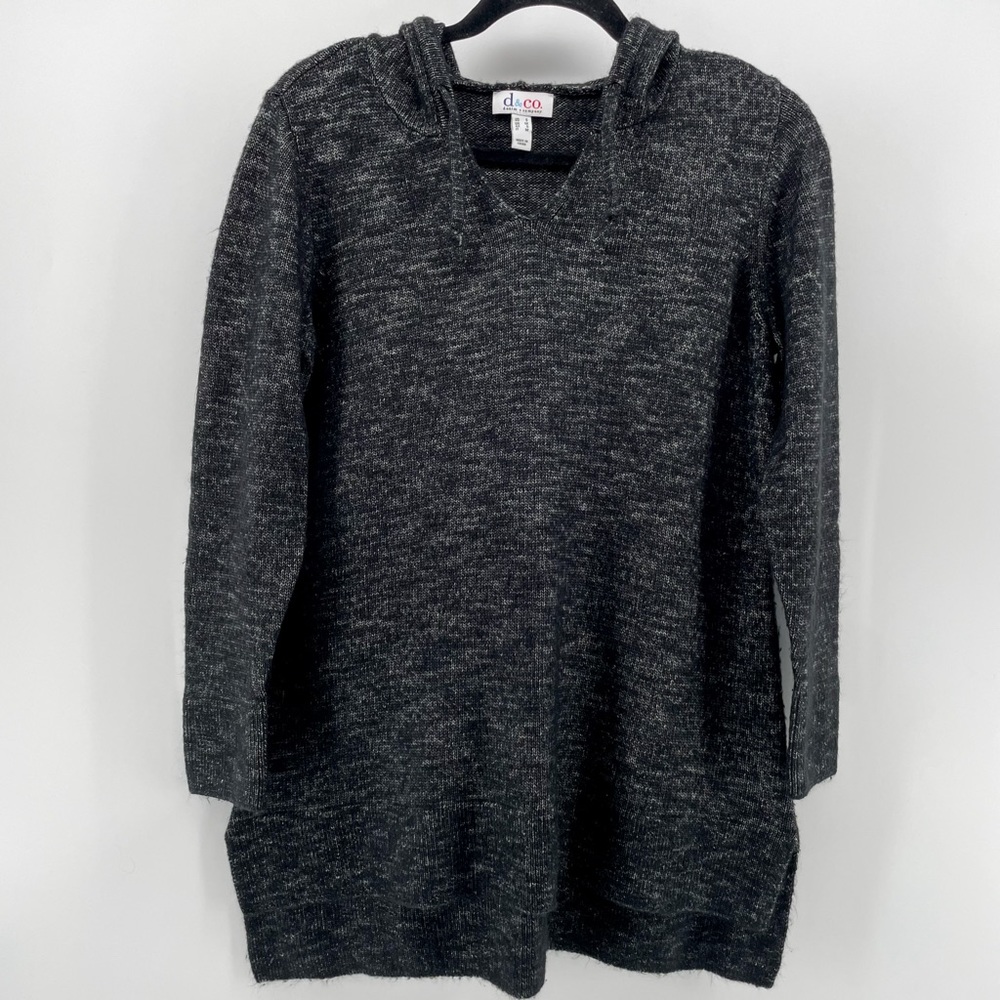 D&Co. Denim & Company V-Neck Sweater Gray Space Dye Hooded Tunic S